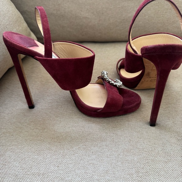 JIMMY CHOO Size SAPHIE Burgundy Suede Crystal Heels Sandals Shoes EU 37 US 7 - Picture 2 of 15